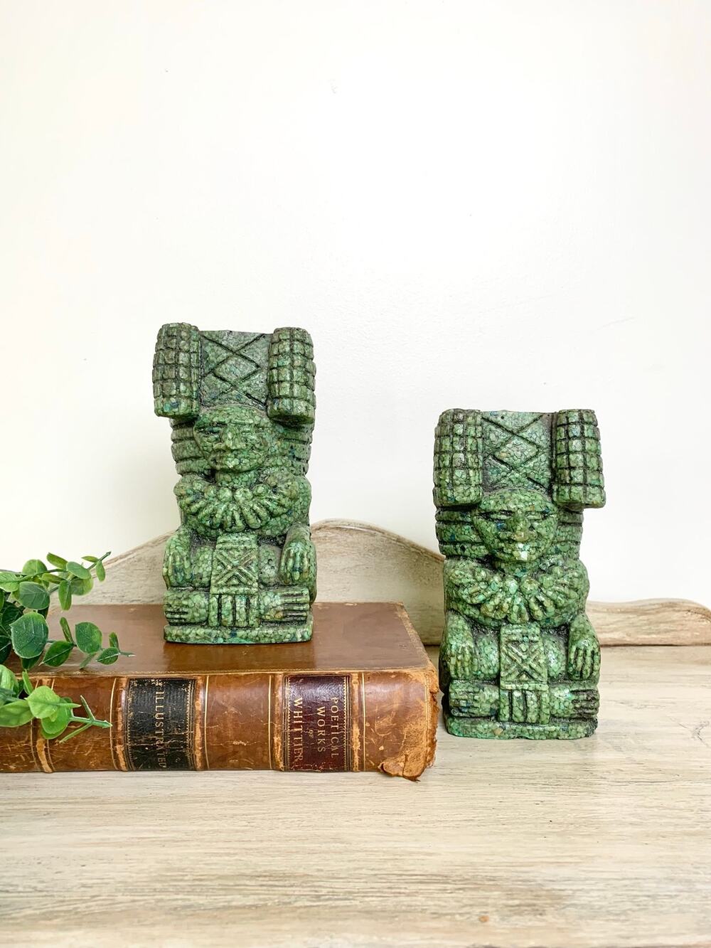 Vintage Mexican Crushed Malachite Aztec Style Figural Bookends Southwestern